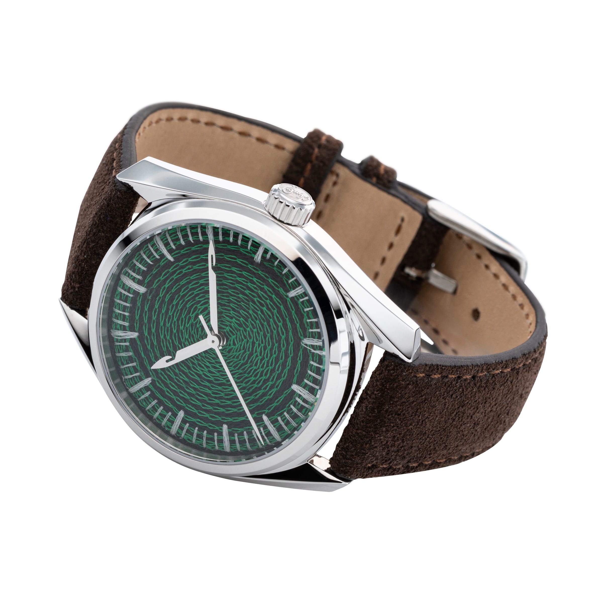 Three-quarter studio view of the CORNELY watch on white, forest green chenille dial, umber suede strap