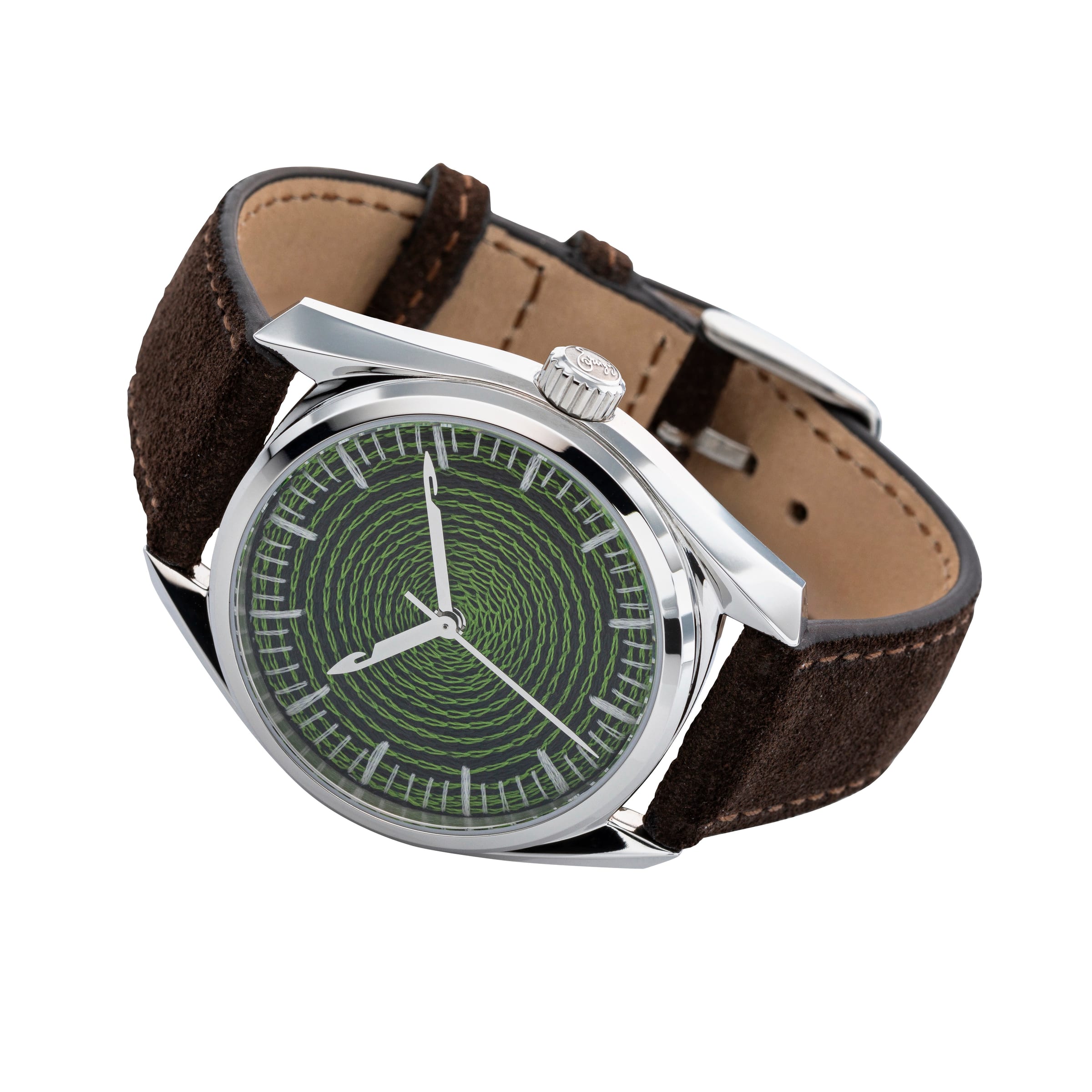 Three-quarter studio view of the CORNELY watch on white, lime green chenille dial, umber suede strap