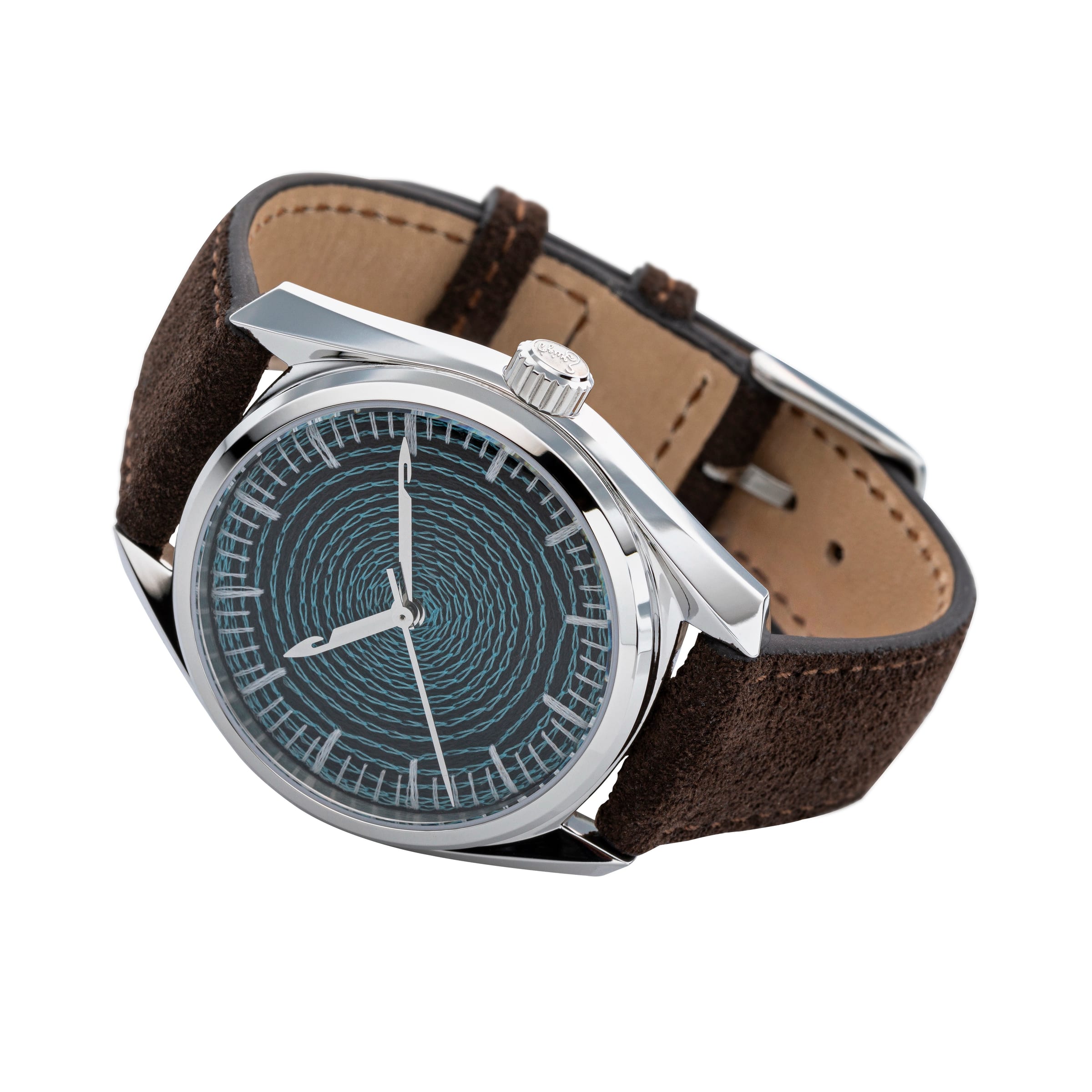 Three-quarter studio view of the CORNELY watch on white, teal chenille dial, umber suede strap