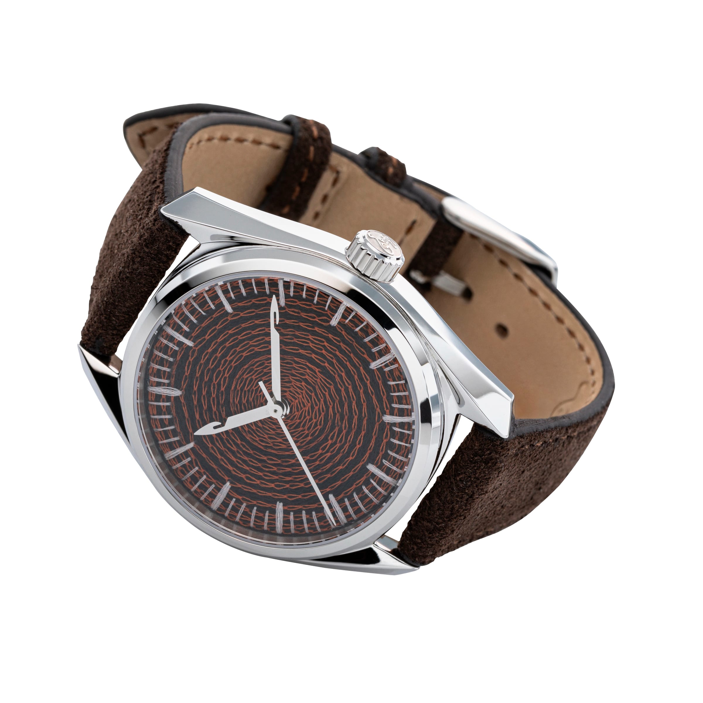 Three-quarter studio view of the CORNELY watch on white, rust chenille dial, umber suede strap