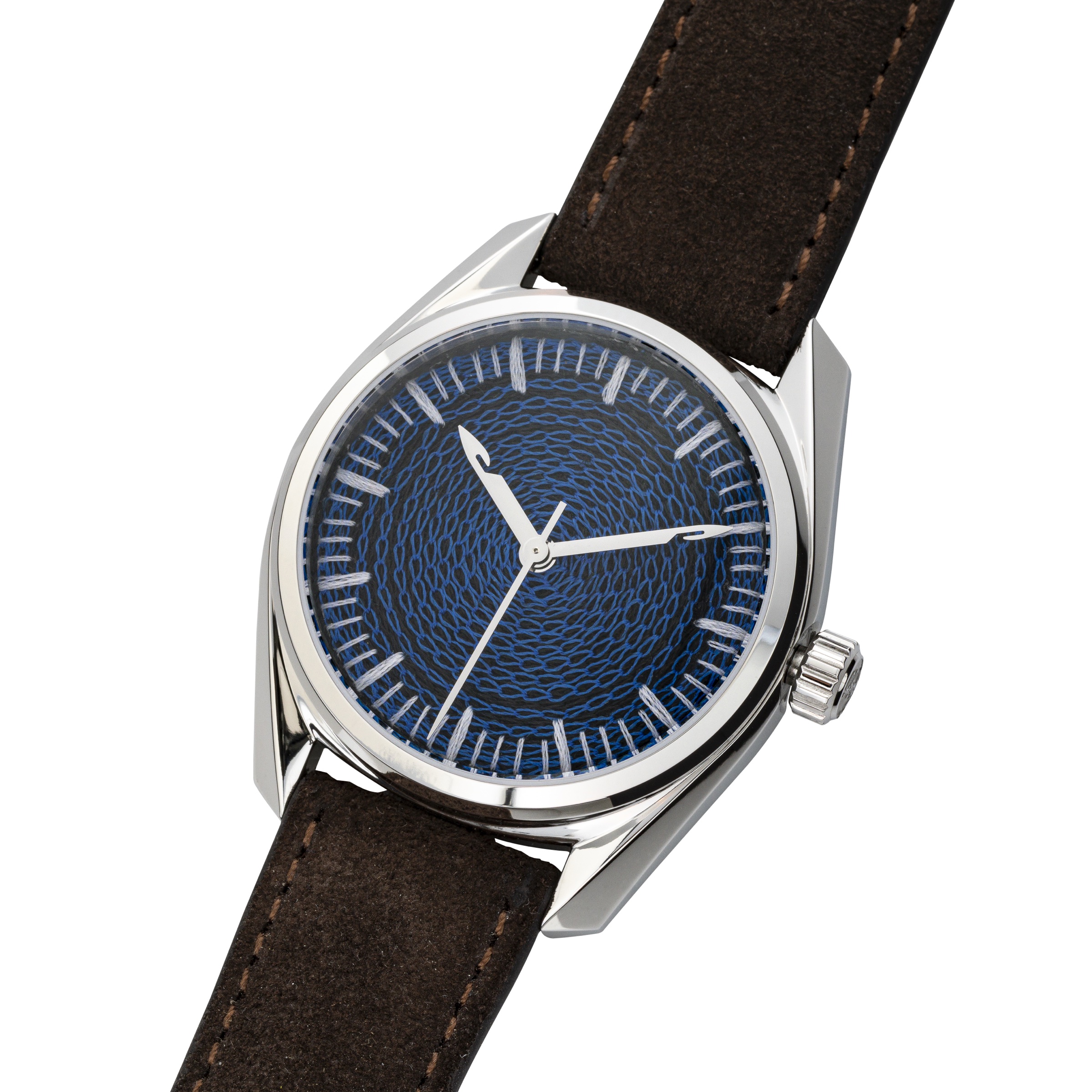 Macro of chenille-embroidered watch dial, blue and charcoal thread
