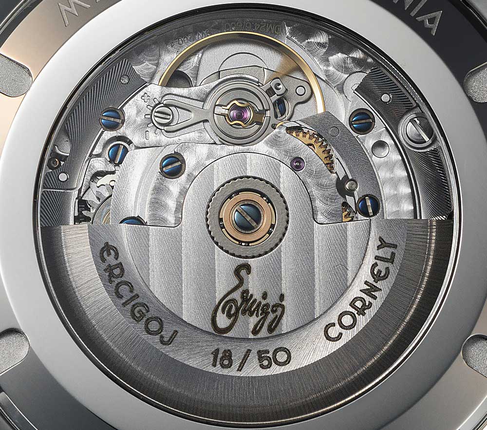 Macro of the CORNELY caseback through the sapphire exhibition window, engraved 'ERCIGOJ CORNELY 18/50'