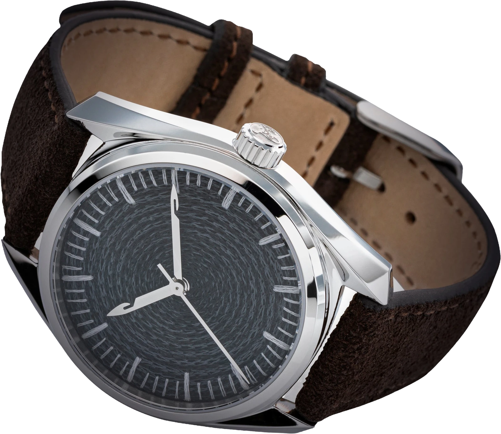The complete CORNELY watch, case, crown and curved suede strap