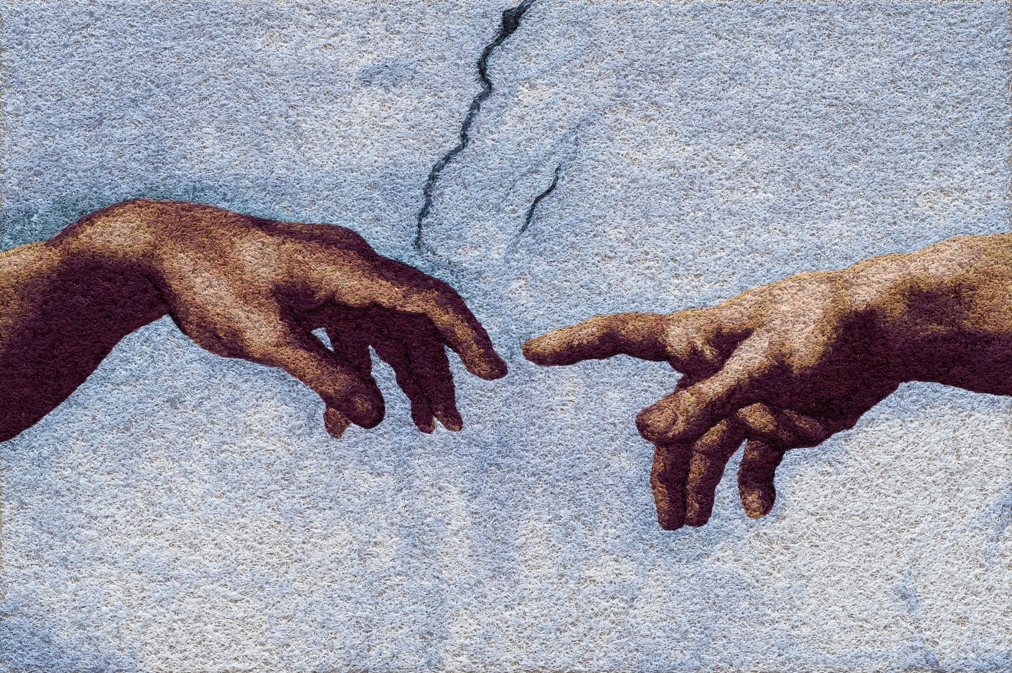 Chenille-embroidered reproduction of Michelangelo's Creation of Adam — the two reaching hands, full view