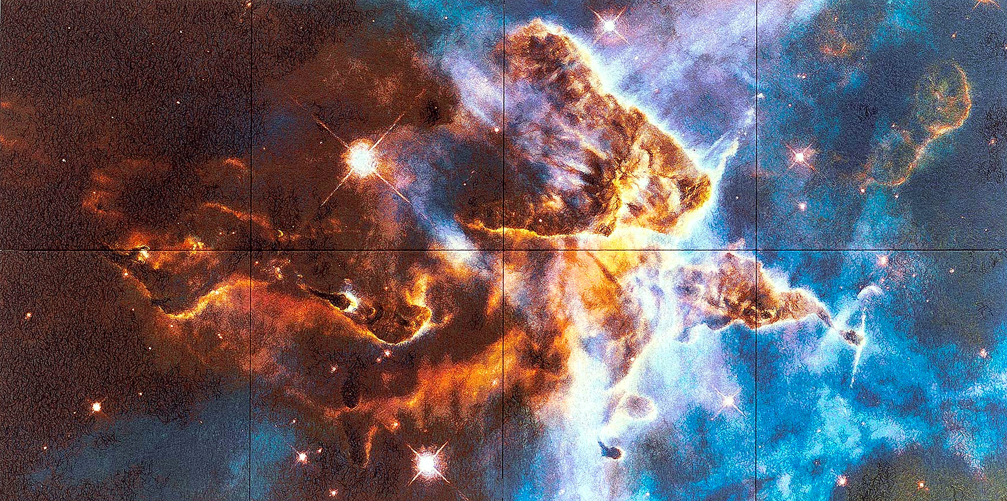 Eight-panel chenille-embroidered reproduction of a Hubble nebula photograph, full view