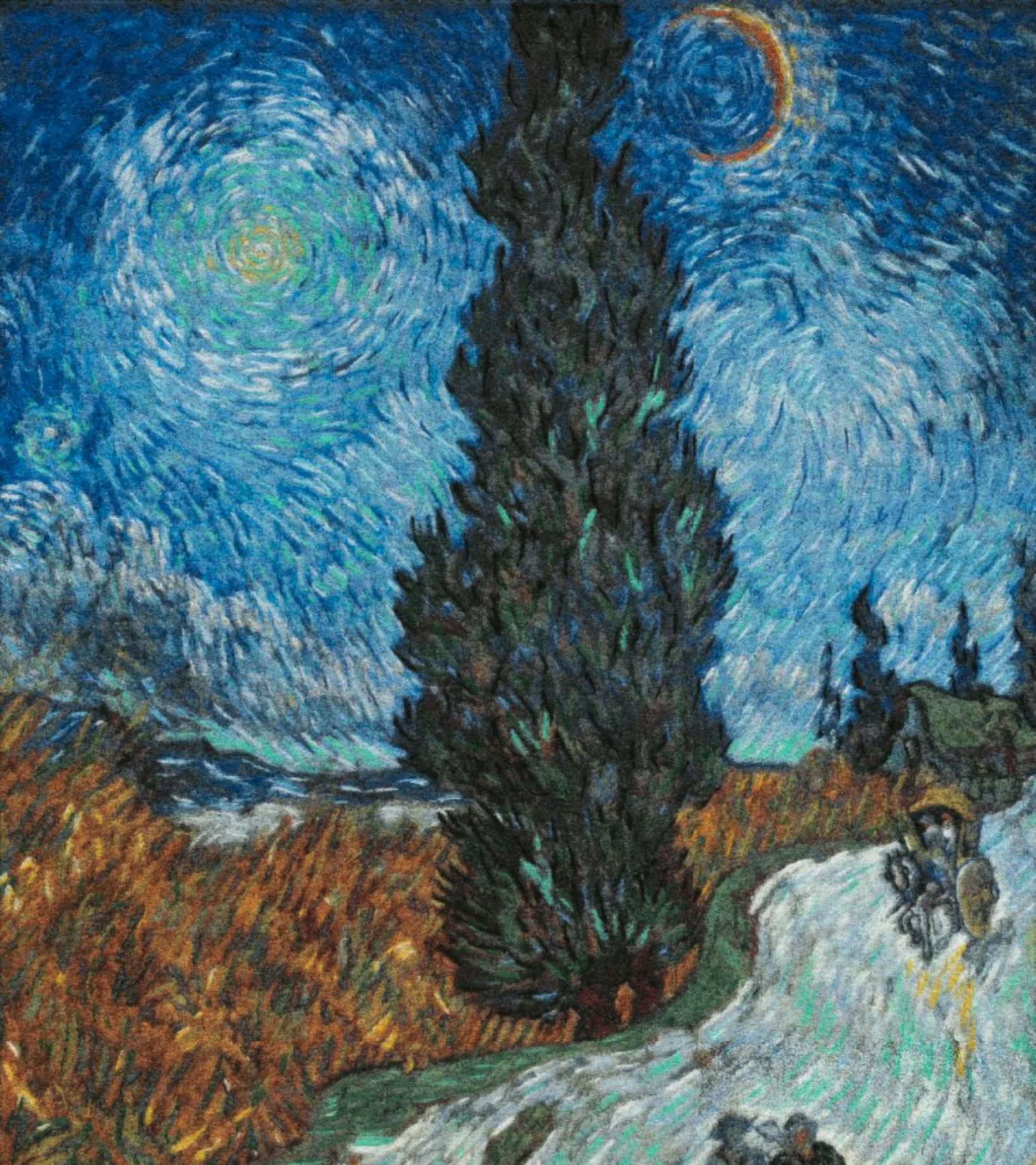 Van Gogh's cypress-and-star night sky rendered entirely in chenille embroidery thread, the whole work