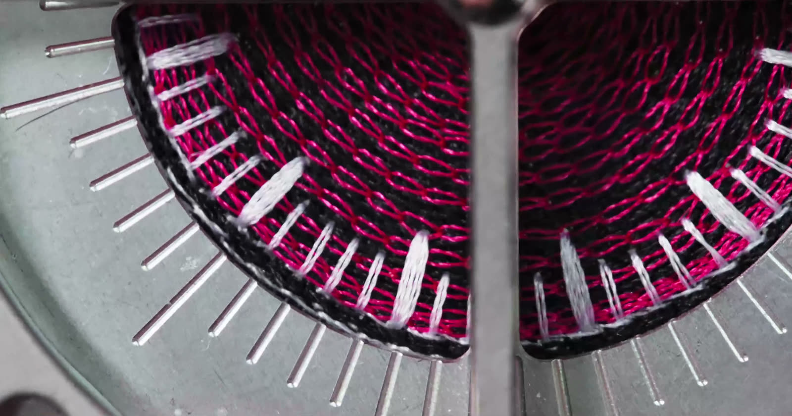 Chenille dial pinned in the calibration device, macro view from above
